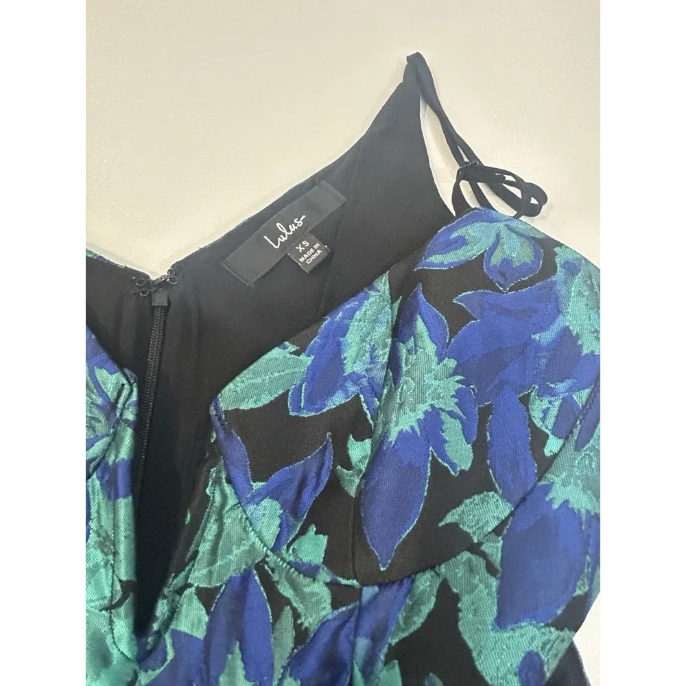 Lulus Ready For Festivities Blue Multi Floral Jaquard Mini Dress Size XS